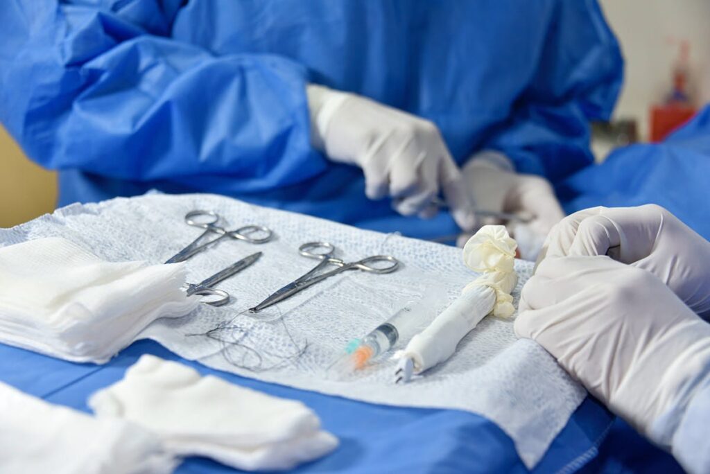 Close-up of Surgical Instruments Lying on a Table in an Operating Room